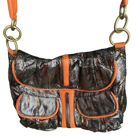 Malini Murjani Exotic Collection Leather Trim Metallic Orange Black Shoulder Bag - Picture 2 of 12